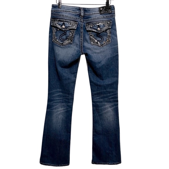 SILVER SUKI Y2K Low Rise Flap Pocket Bootcut Jeans Embellished Pocket Size 28x33 - Picture 1 of 10
